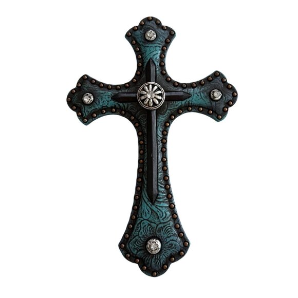 Decorative Wall Cross With Embellished Rhinestones & Turquoise Floral Pattern 7. - Picture 2 of 5